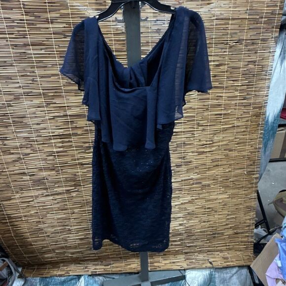 CONNECTED APPAREL Womens Navy Sequined Lace Short Sleeve V Neck Short Cocktail S - Picture 2 of 3